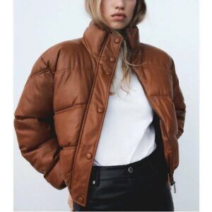 Zara Water Repellent Cropped Puffer Brown Jacket Coat Small